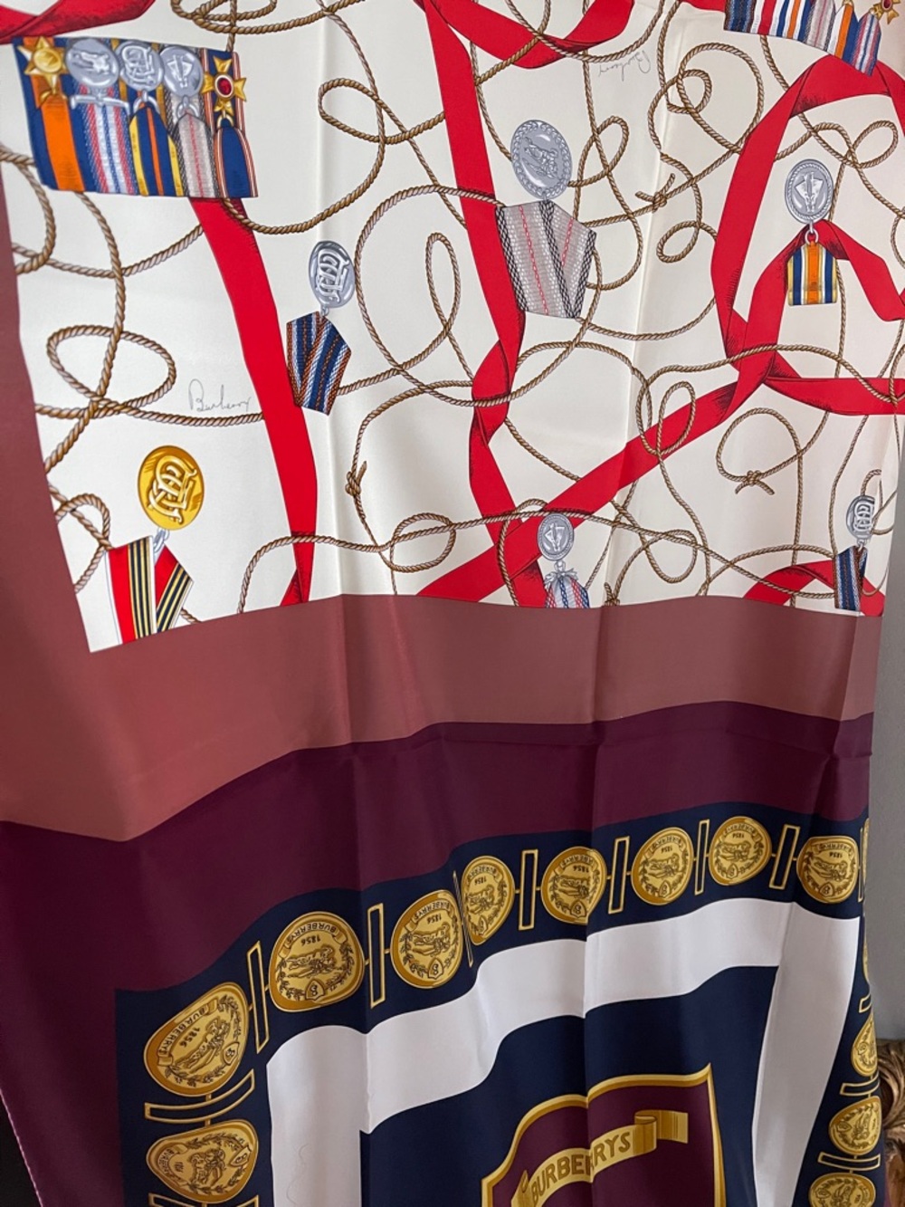 BurberryXXL Multicolor Silk Scarf with Red Ribbon and Gold Medal Motif Archive